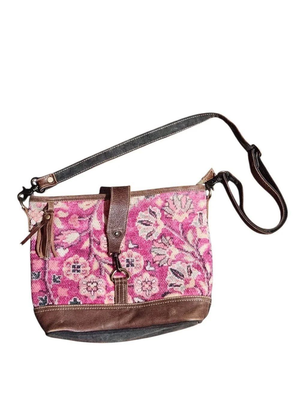 MyraβBag Purse Shoulder Handbag Brown Gray Canvas Carpet Floral Pink